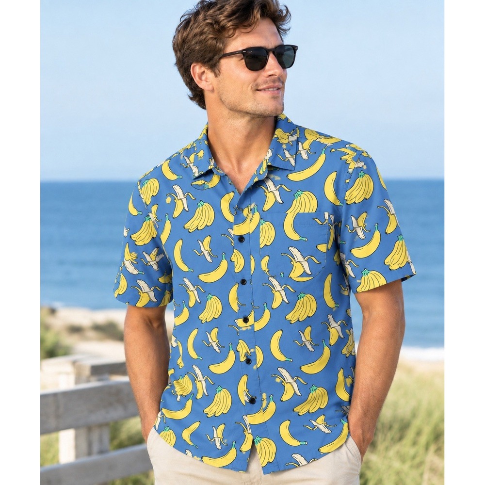 Burnside Mens XL Blue Bananas Print Button Down Short Sleeve Shirt Camp Fun RARE